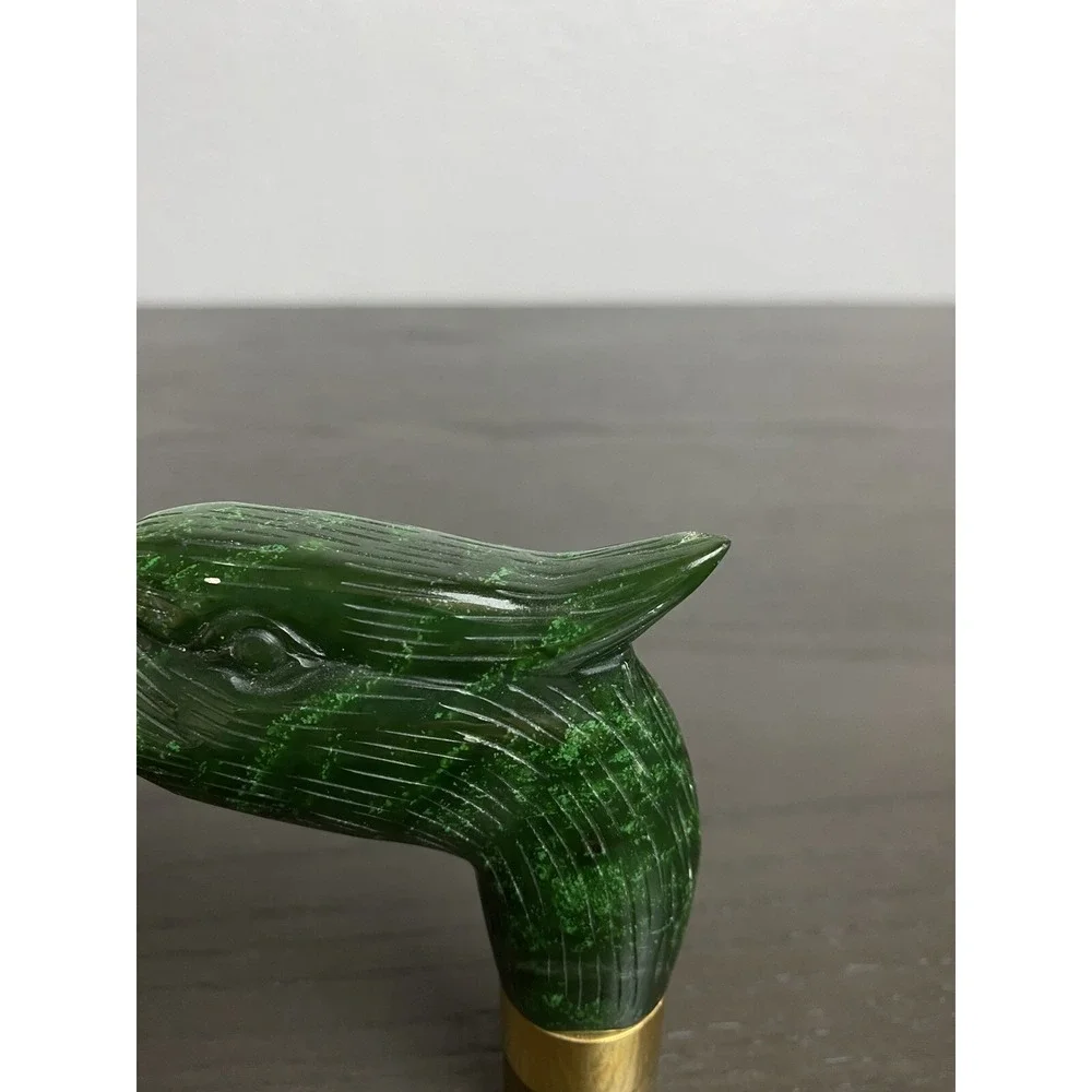 Antique Carved Jadeite Bird of Prey Brass Walking Stick Raptor Cane Eagle